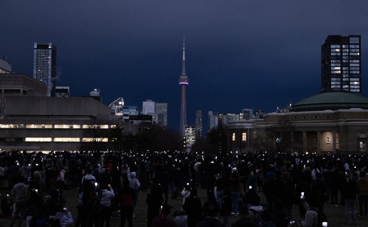 darkness sets in at the University of Toronto St. George front campus during the 2024 solar eclipse